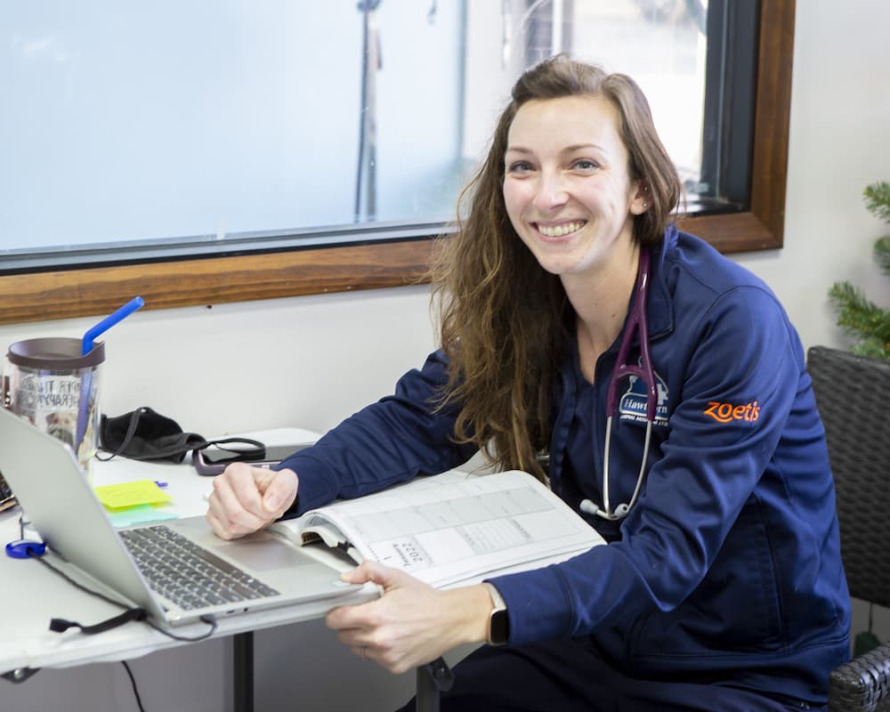 vet smiling while working at hawthorne animal hospital